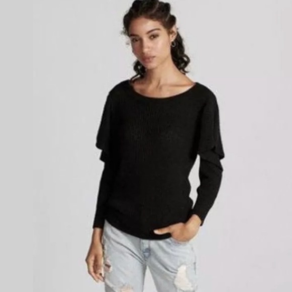 Express Sweaters - Express Women’s Black Ruffle Cold Shoulder Sweater